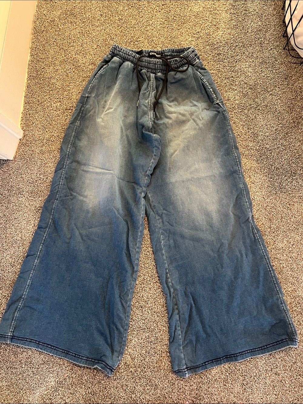 EB Denim Women's Wide-Leg Drawstring sweatpants denim in Washed Blue